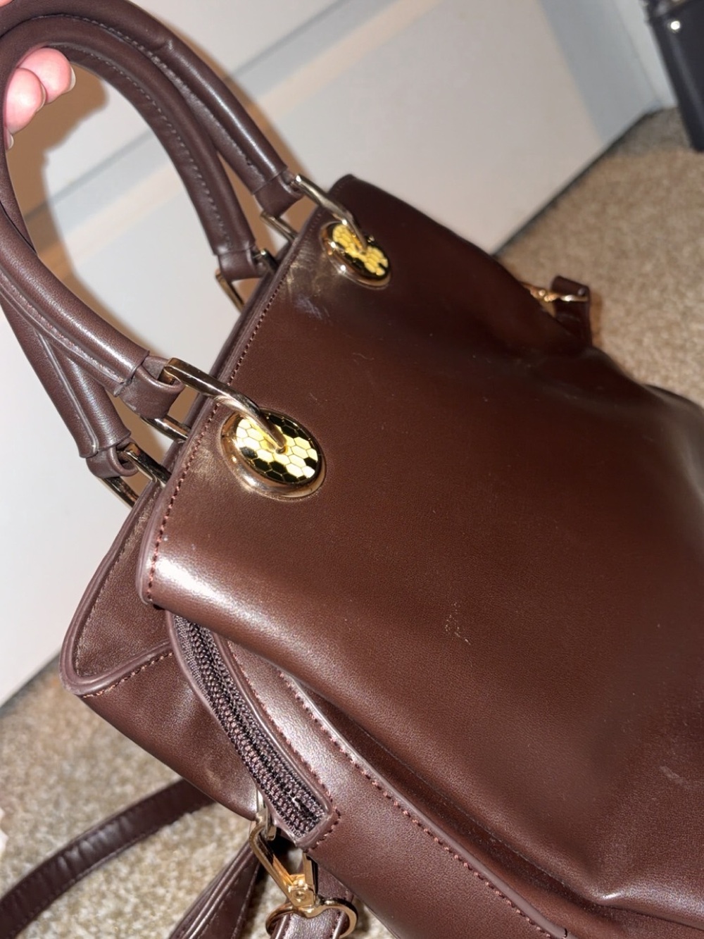Classic Brown Structured Women's Satchel Bag with Gold Hardware